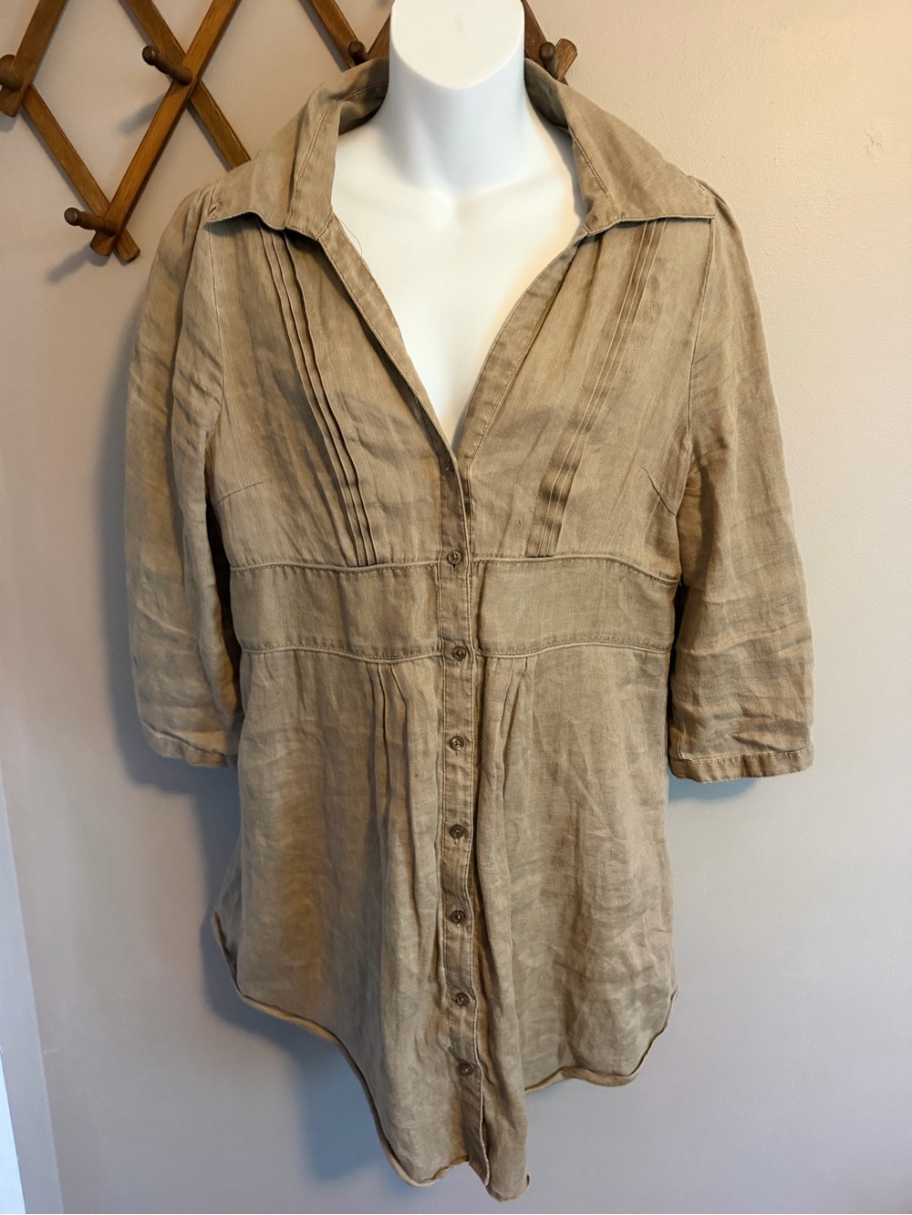 Part Two Taupe Linen Pintuck Pleated Button Front Tunic Top EUR 40 UK 14 US 8-10